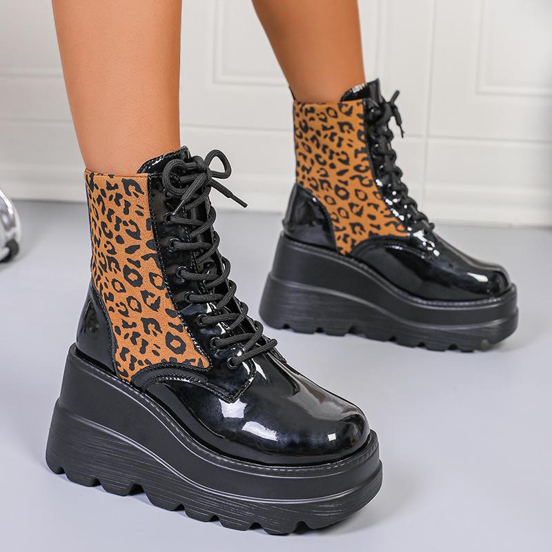 Fashion Leopard Print Wedge Ankle Boots for Women Plus Size Chunky Platform Gothic Punk Boots Woman Thick Bottom Non Slip Combat Booties