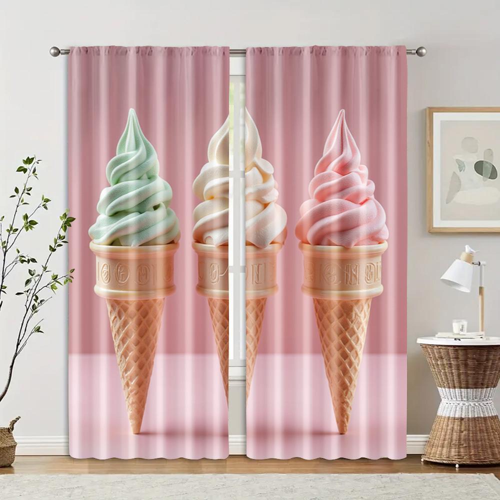 

Set Of 2 Filtering Curtains Excluding Rods Non Movable Without Batteries Delicious Ice Cream Use Bedrooms Living Curtain Polyester Perfect For W100*H70(CM)-Rod Pocket&1PCS