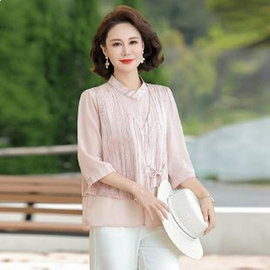 

Elegant Plus-Size Middle-Aged Women s Seven-Sleeve Top - High-End Spring/Summer Fashion 2XL рожевий