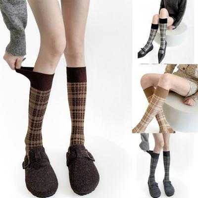 Japanisches Mädchen Elegante Überkalb Lange Socken für Damen Preppy Stil Karomuster Gerippte Bündchen Kniehohe Strümpfe