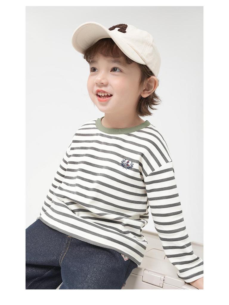 Boys' Striped Long-Sleeve Antibacterial Cotton T-Shirt