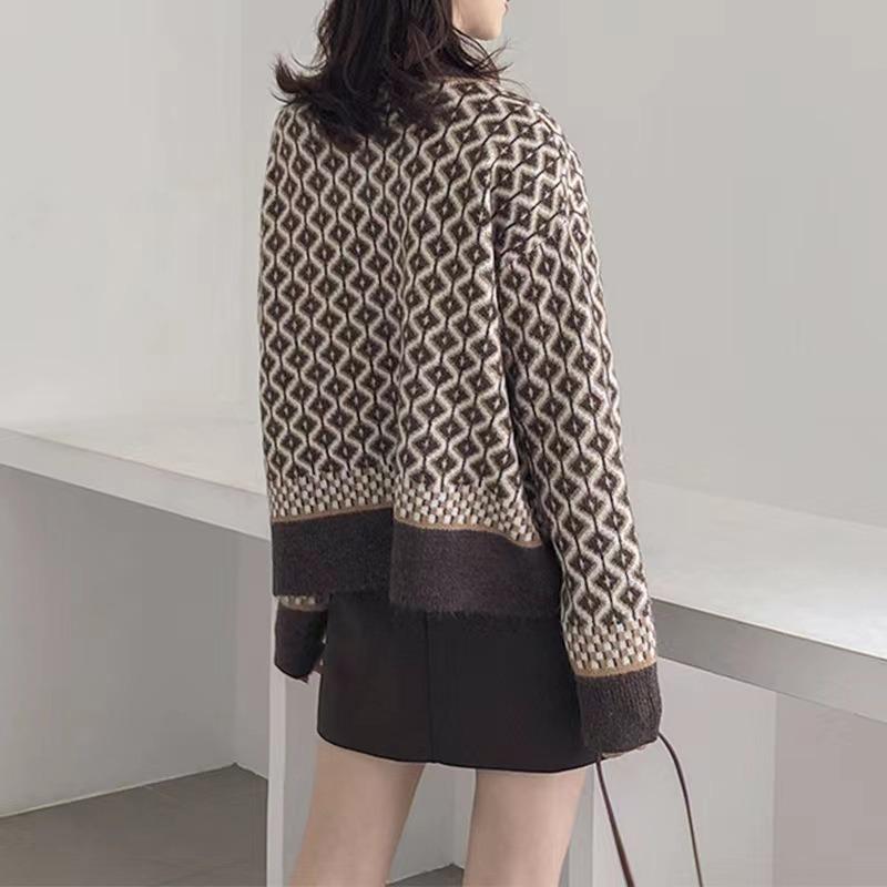 Women Loose Thick Plaid Color Block V Neck Long Sleeve Knitted Cardigan Sweater Coat