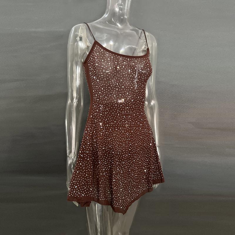 Party Rhinestone Semi Transparent Suspender Short Dress