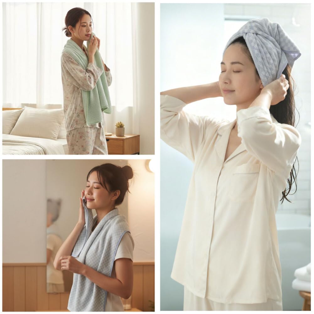 [Sleeping Room] Imabari Bath Towels, Set of 3, Pokoton Checkered Pattern, Absorbent, Quick-Drying, Large Size, Made with Leftover Yarn, Made in