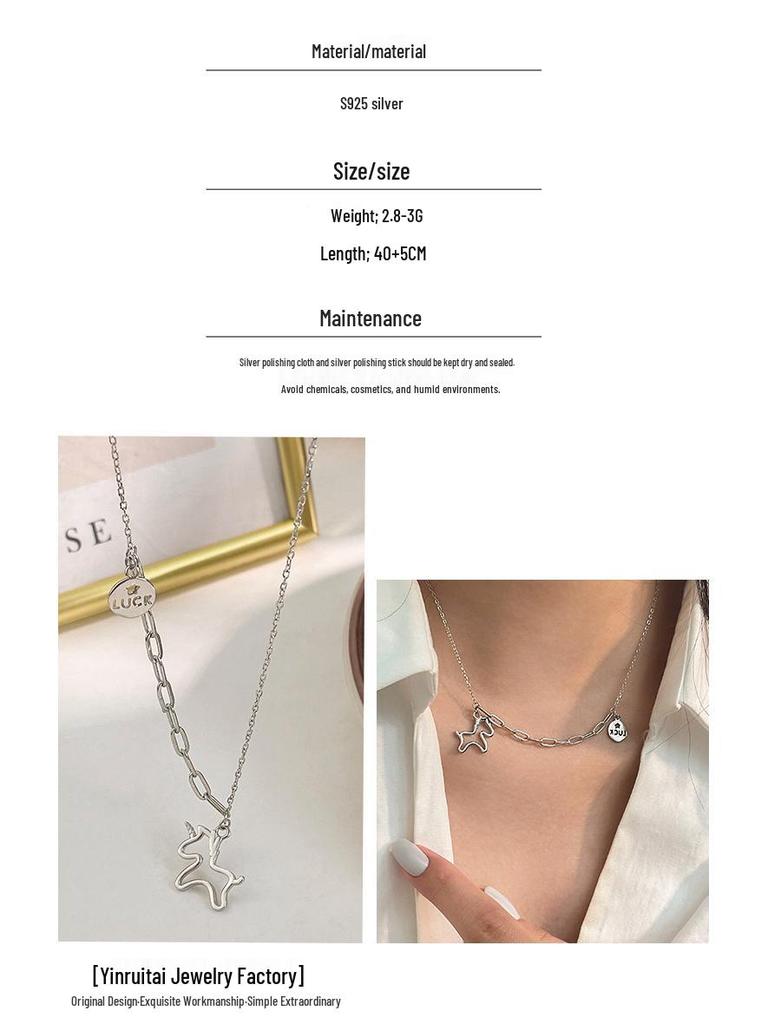 2022 Yinruitai S925 Sterling Silver Unicorn Necklace with Round Tag Letter Korean Clavicle Chain for Women