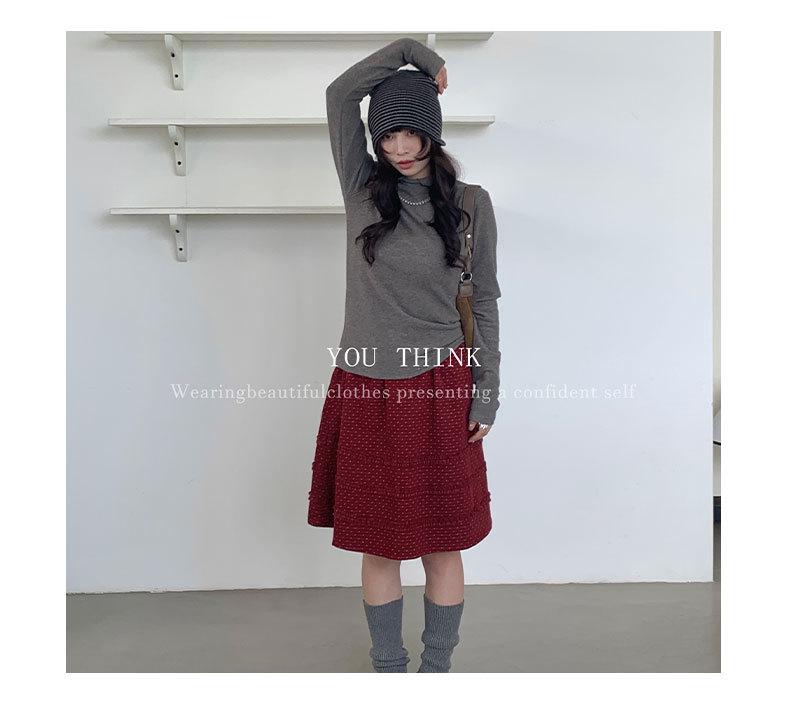 Winter Korean Patchwork Lace Polka Dot Midi Skirt for Women