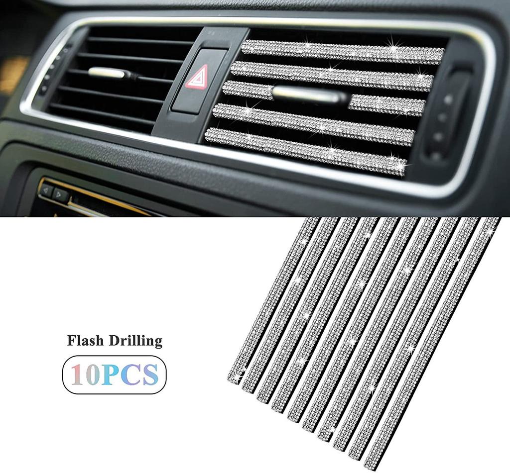 10pcs Universal Diamond Car Air Conditioner Outlet Decorative Strip Bling Rhinestone Car Accessories Interior for Girls Women