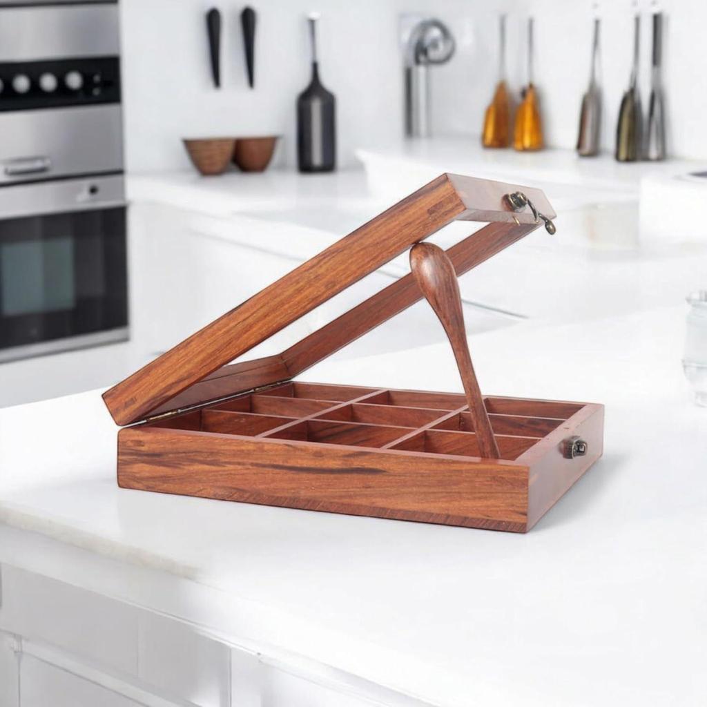 Wooden Spice Box With 9 Partitions & Spoon, Spice Container For Kitchen, Masala Dabba, Namakdani For Kitchen, Wooden Masala Box,