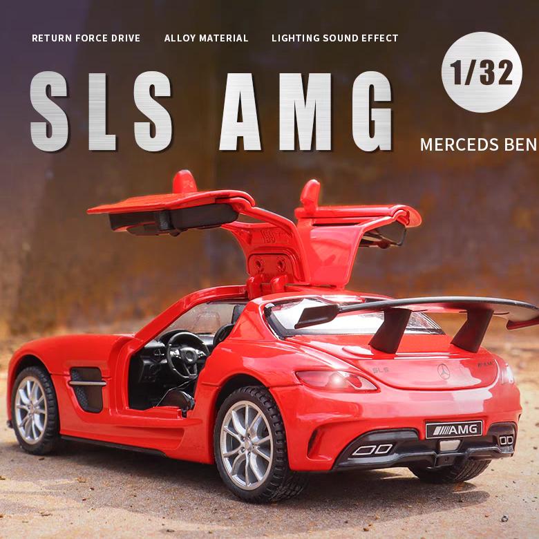 Mercedes Benz SLS AMG Supercar Simulation Druckguss & Spielzeugfahrzeuge Sounds & Licht Pull Back Car 1:32 Legierungskollektionsmodell