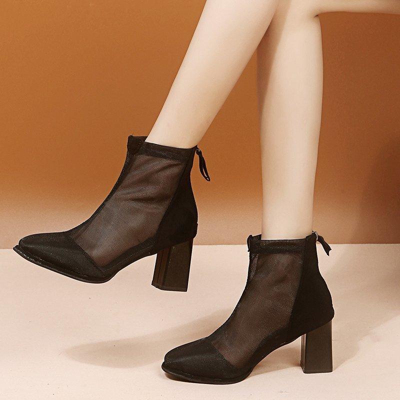 Sandales d'été en maille pour femmes, chaussures à talons hauts en dentelle creuse à bout carré