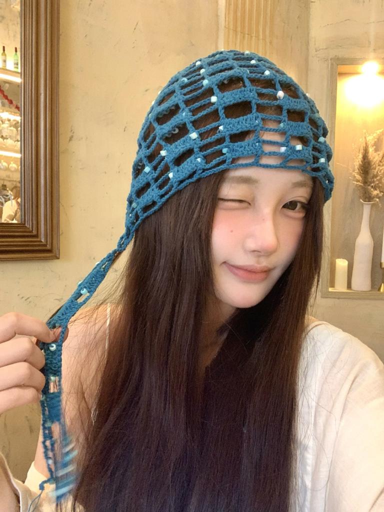 Niche design sense, handmade beaded bag head hat, female fringed hollow pullover hat, travel photo, ethnic style hat