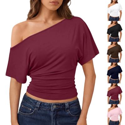 Damen Off-Shoulder Kurzarm Farbiges T-Shirt Top für Sommer Freizeitkleidung