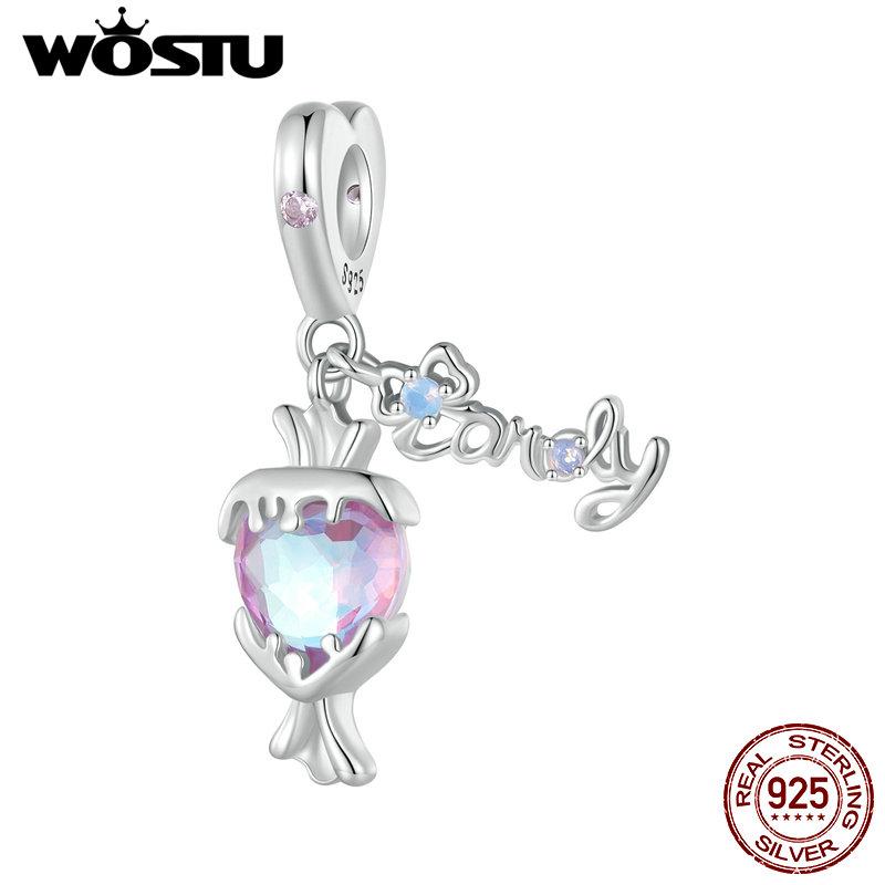 WOSTU 925 Sterling Silver Pink Couple Hearts Charm Star Bear Beads Dolphin Pendants Fit Original Bracelet DIY Jewelry