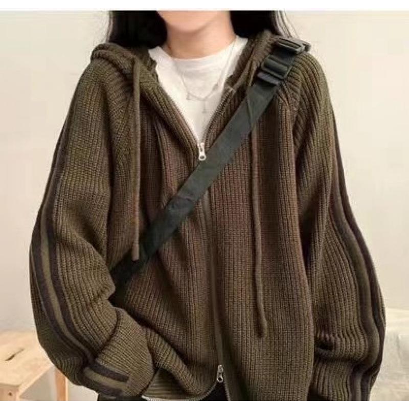 Korean Chic Striped Drawstring Hooded Knit Cardigan for Women - Autumn/Winter Collection