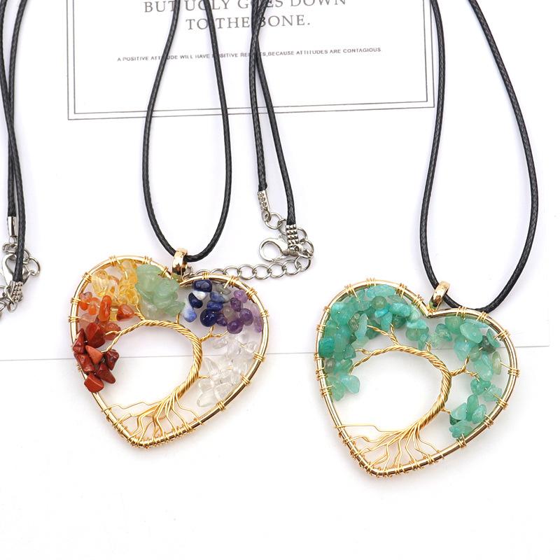 Hand Winding Gold Peach Heart Curved Tree Of Life Necklace Gravel Crystal Pendant Necklace N54