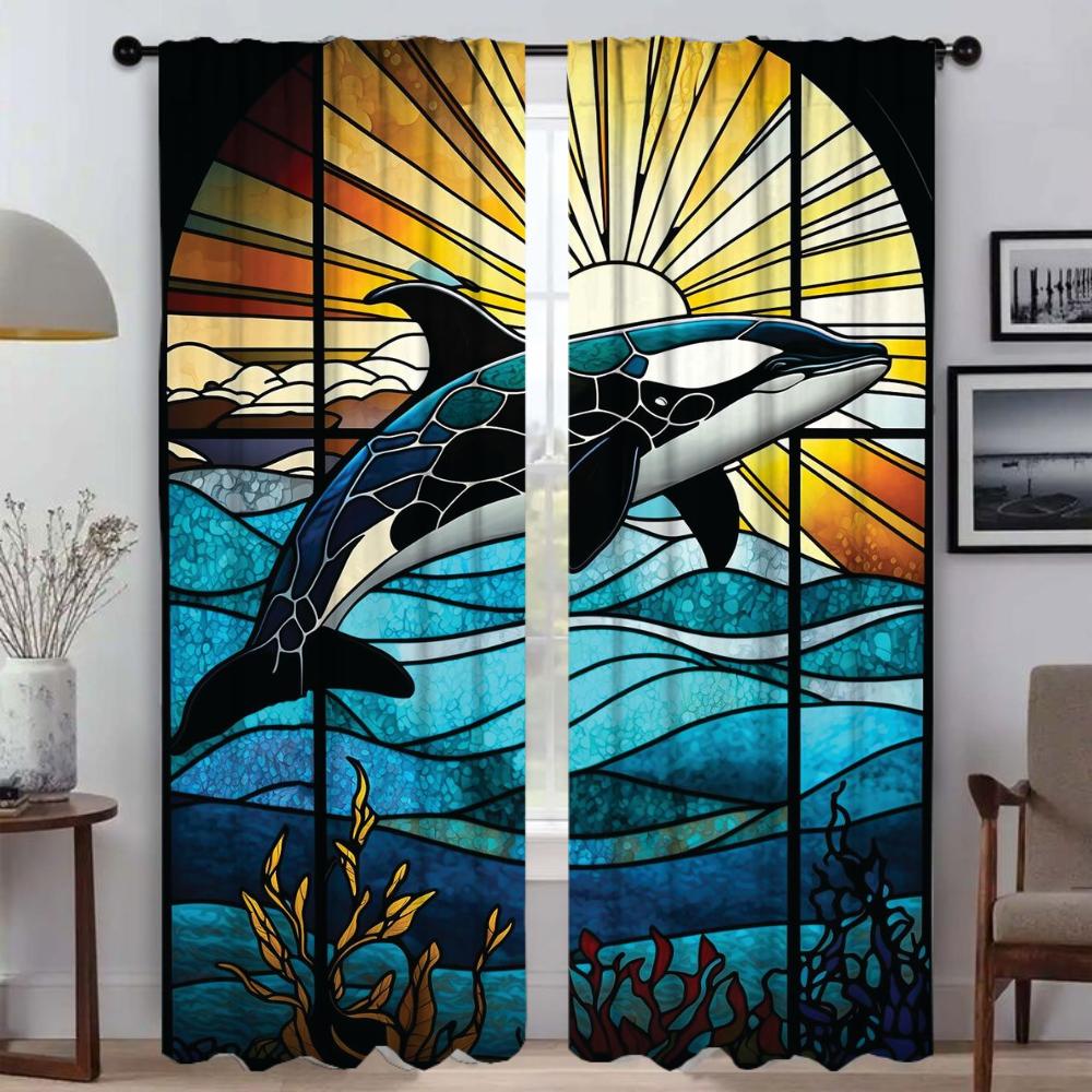 Stained Glass Sealife Blackout Curtains 2 Pieces Home Interior Curtains for Living Room Curtain Tulle for Bedroom Shades Kitchen