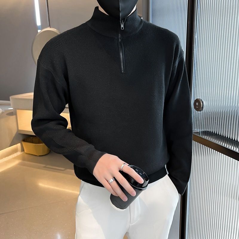 

Stand Collar Men s 2026 Autumn Winter New Patchwork Zipper Fashion Solid Color Loose Minimalist Casual Long Sleeved Knitted Tops M чёрный