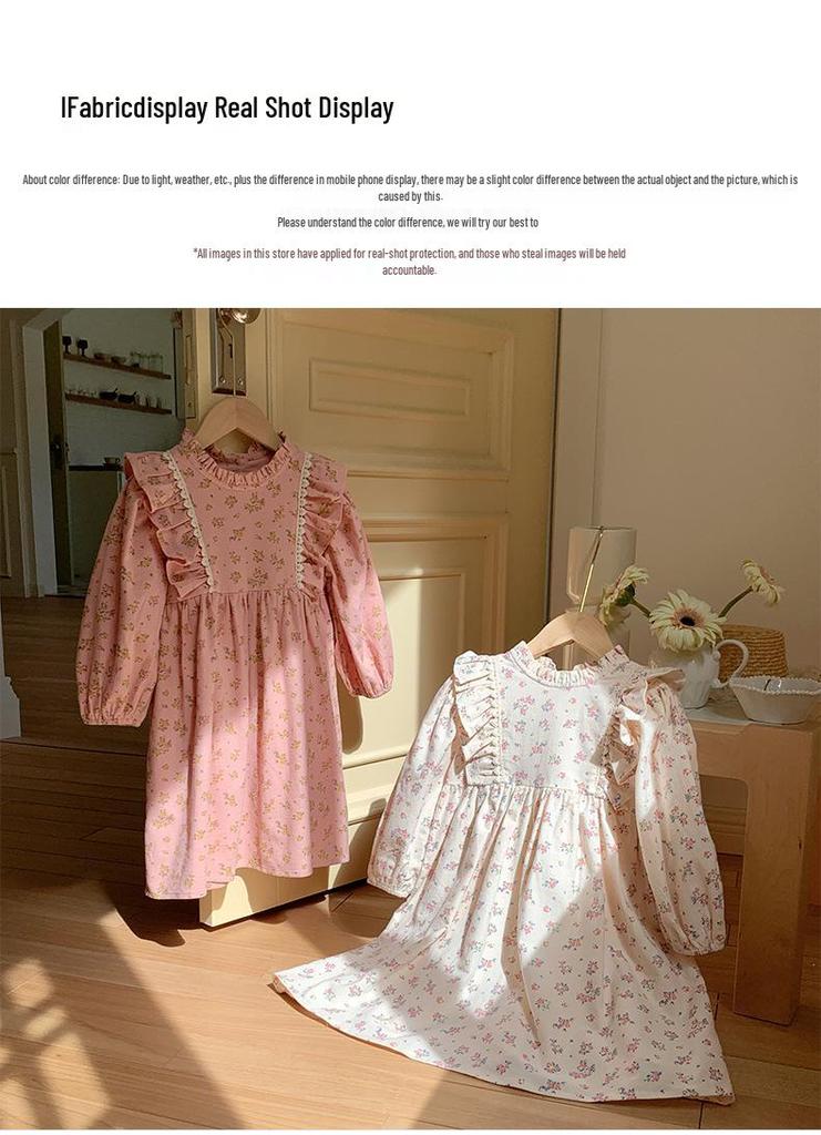 Spring 2026 Korean Style Children's Floral Dress with Stand Collar and Ruffle Lace - Long Sleeve Princess Skirt