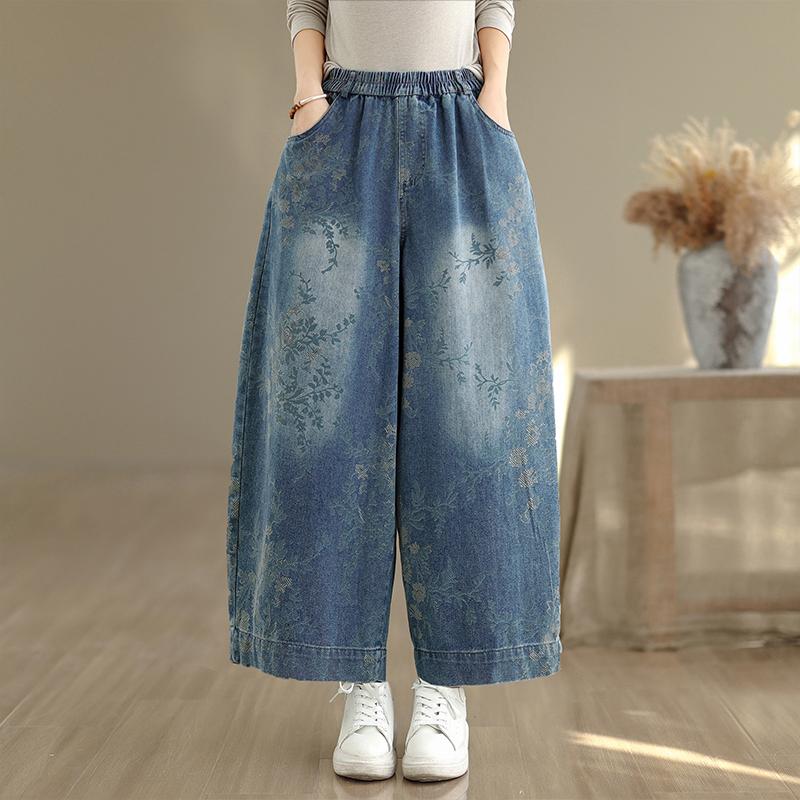 DIMANAF 2025 Plus Size Autumn Jeans New Long Pants Floral Print Women Loose Denim Trousers Big Size Casual