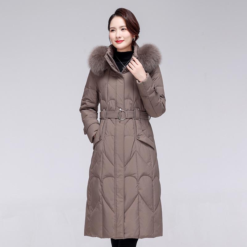 

2024 Жіночий довгий пуховик вище коліна, що приталює, з коміром з лисячого хутра M кавовий