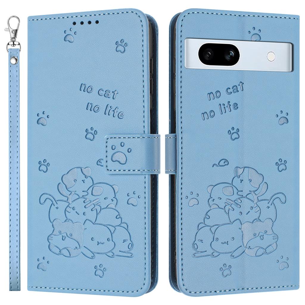 For Google Pixel 7a Case with Strap Cats Imprint Leather Wallet Phone Cover
