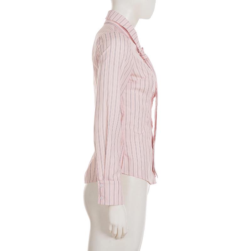 Korean Style Stripe Lapel Tie Shirt: Waist-Cinched, Long Sleeve, Sweet & Casual Women's Autumn Top