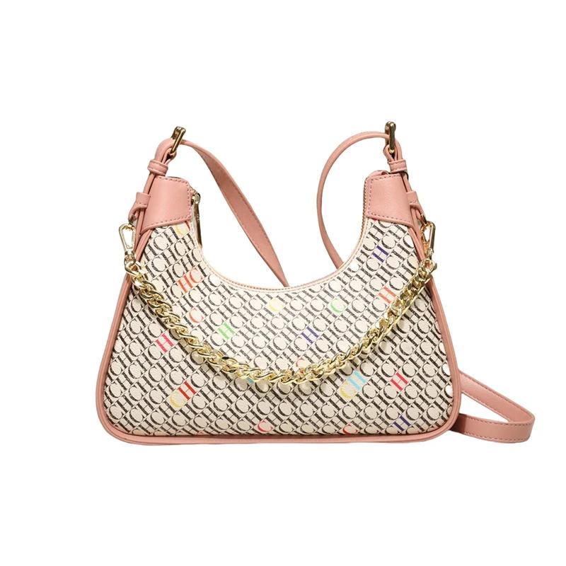 Simple Solid Color Women's Shoulder Bag Commuter Chain Tote Trendy Bent Moon Bag Cute Animal Printing Design Large Capacity