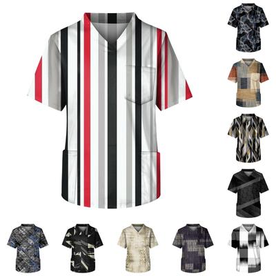 Moda Erkek Kısa Kollu V Yaka Baskılı Çalışma Göğüs Cebi Bakıcı Üst