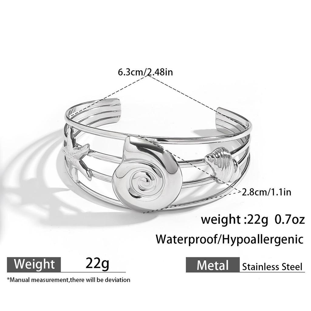 European & American Ocean Style Stainless Steel Bracelet with Starfish, Seashell, Coral Flowers, and Natural Stone Bangle Hand Jewelry.