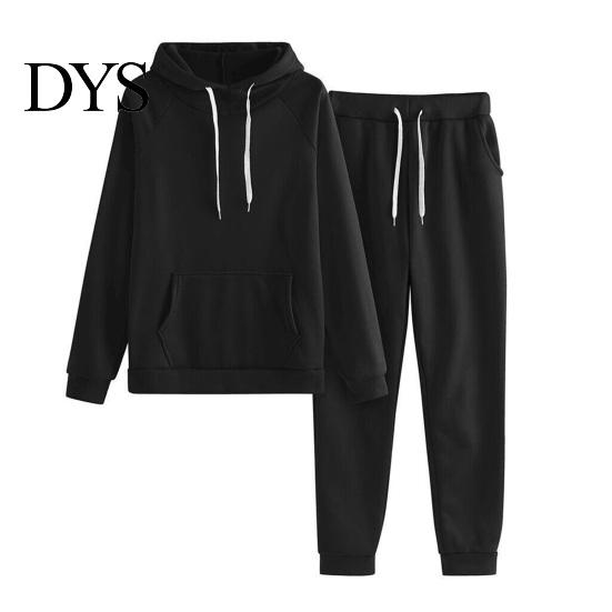 Women Casual Sports Suit 2 Pcs/Set Hoodie Pants Solid Color Plush Long Sleeves Thick Kangaroo Pocket And Leggings Top Elastic Waist Ankle-banded