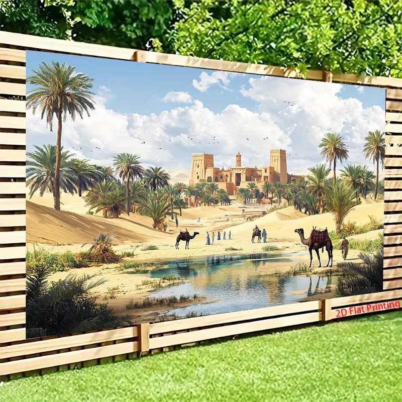 Moroccan Desert 2D Backdrop, Ancient Castle Oasis Camel Photography Background