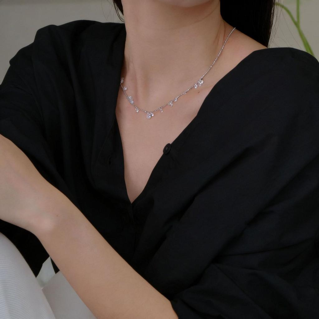 PANJBJ 925 Sterling Silver Crystal Water Drop Necklace for Women Sweet Romantic Versatile Temperament Jewelry Gift Dropshipping