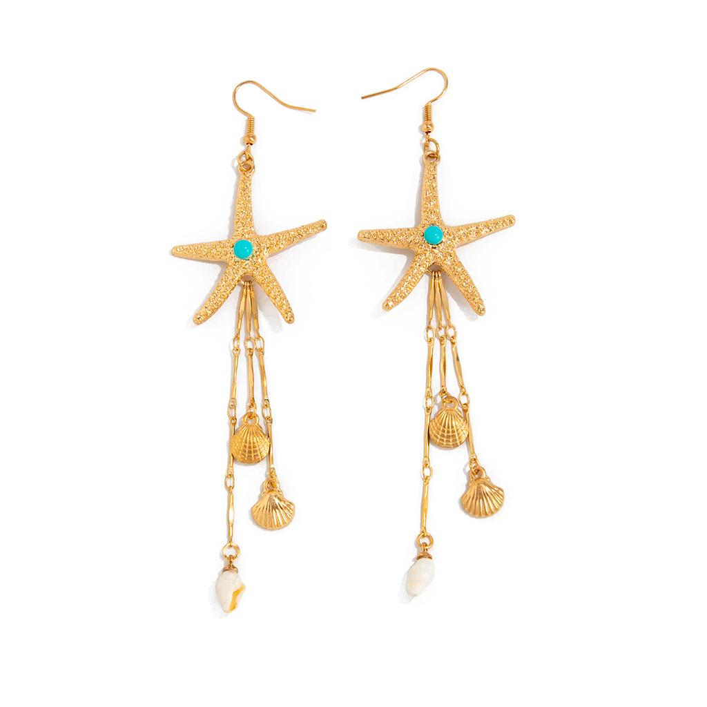 Ingemark Boho Starfish Conch Long Tassel Drop Earrings for Women Trend Creative Beach Vacation Gold Color Earrings Charm Jewelry