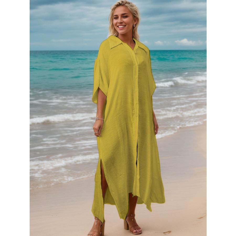 Women's Solid Color Beach Cover Up Loose Long Button Down Shirt Dress, Open Front Vacation Robe 0994 KTY