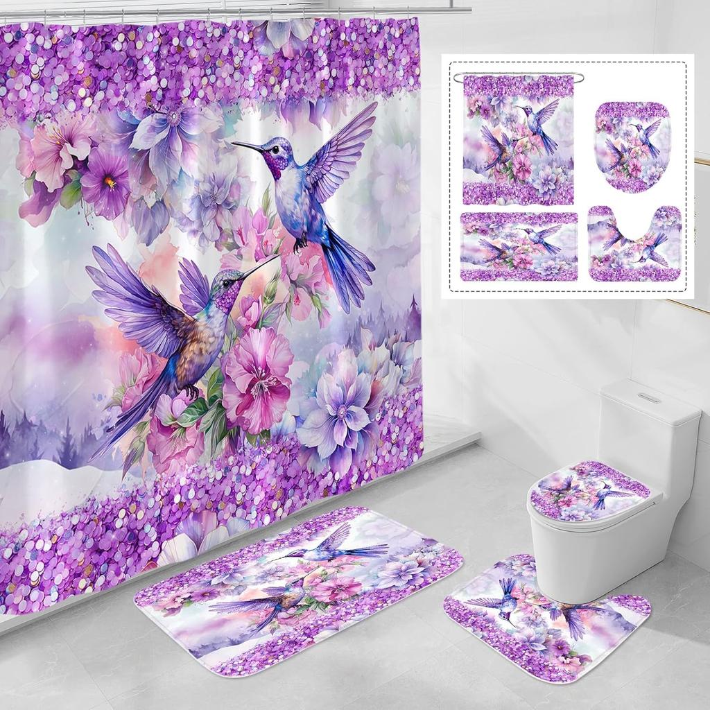 4-teiliges Badezimmer-Duschvorhang-Set Kolibri Blume Badezimmervorhang mit 12 Haken Rutschfeste Teppiche Toilettendeckelmatte Badezimmer-Trennwand