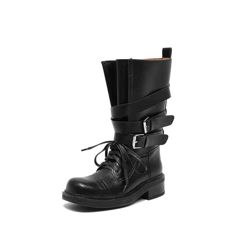 

Fashion Chunky Heel Single Boots Women s Fashion Round Toe Lace-Up Front Platform Anti-Slip Wear-Resistant Mid-Tube Boots 40 чёрный