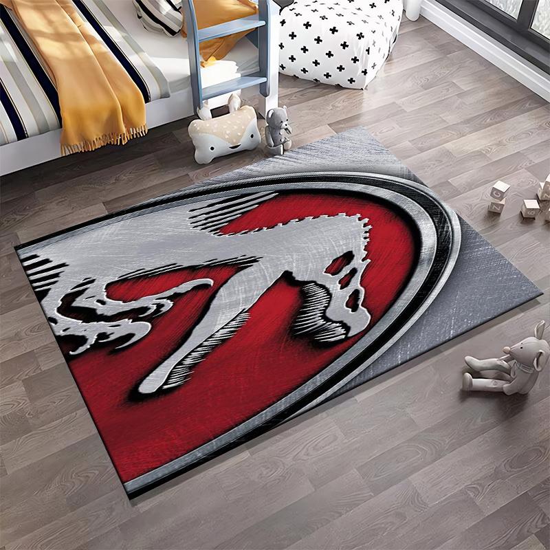 Red and Silver Dinosaur Skeleton Logo Pattern Carpet with Metallic Textured Design" Suitable for use as an anti-slip1 for1room and bedroom sofas
