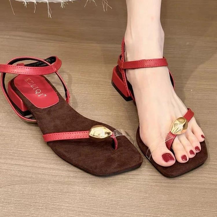 

Fashion Fashion Gladiator Toe Sandals Metal Buckle Narrow Band Thin Low Heel Party Shoes Open Toe Thin Heels Slippers Women s Sandals 40 красный