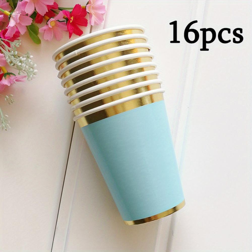 16pcs Light Blue Paper Cups - Blue Disposable Cups 9.5 Oz Golden Blue Paper Cups with Sparkly Golden Foil Border Disposable Paper Cups
