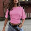 Women Y2k Solid Color Crew Neck Batwing Cinched Waist Loose Short Sleeve T Shirt