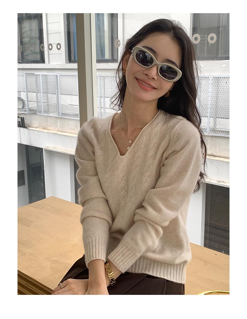 Women's V-Neck Cashmere Sweater - Autumn/Winter Warm, Elegant Knit, Solid Color, Thick Cable Knit Base Layer Top