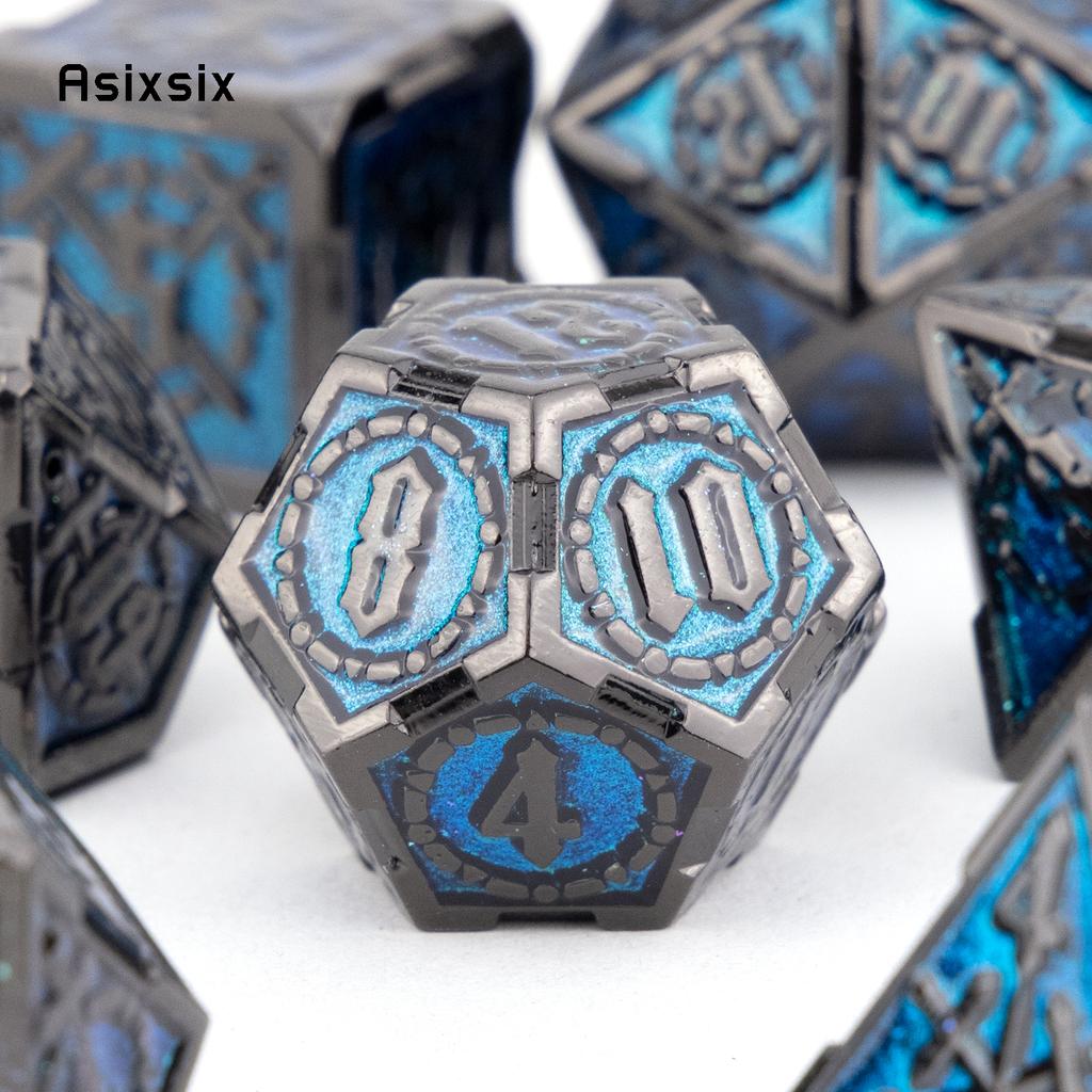 7 Pcs Blue Silver Double Swords Metal Dice Solid Polyhedral Dice Set Suitable for Role-Playing RPG   Pathfinder Board Game