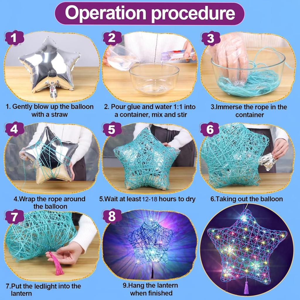 Beilunt 3D String Art Kits Crafts for Girls Ages 8-12, Arts and Crafts for Kids Ages 6-8, Make String Lantern with 20 Colored LED Bulbs for Girls 6 7