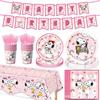 Snoopy Pink Birthday Party Supplies Set: Disposable Paper Cups, Napkins, Plates, and Pull Flags.