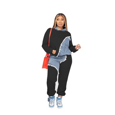 Seturi de două piese pentru femei Trening Toamnă Blugi Îmbinare Top cu glugă Hanorace Buzunar Jogger Pantaloni Costum Largi Femeie Office Lady