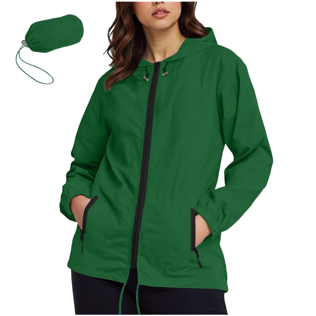 Women's Fashionable Casual Classic Plus Size Lightweight Zipped Long-Sleeved Hooded Jacket Foldable Outerwear With Packable Storage Pouch