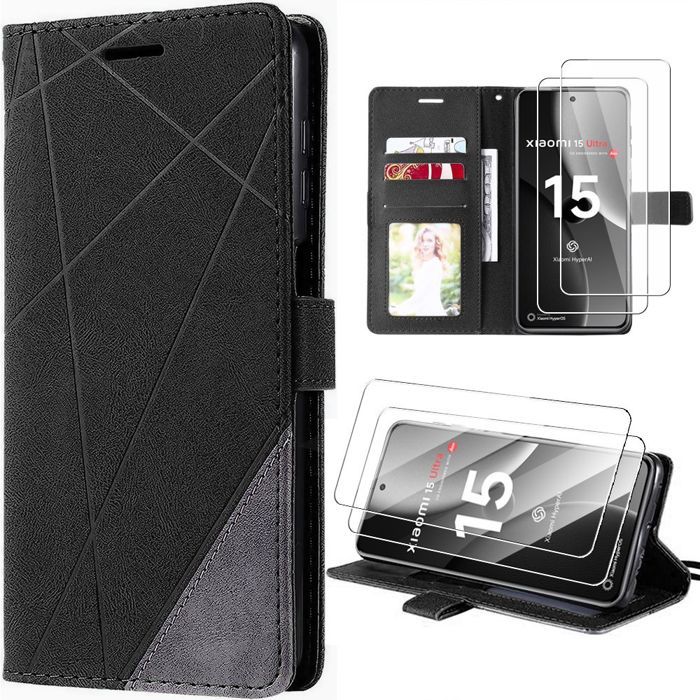 Coque + 2 Verres Trempés pour Xiaomi 15 Ultra - Effet Cuir Anti-Rayure Antichoc Protection 360° - Noir