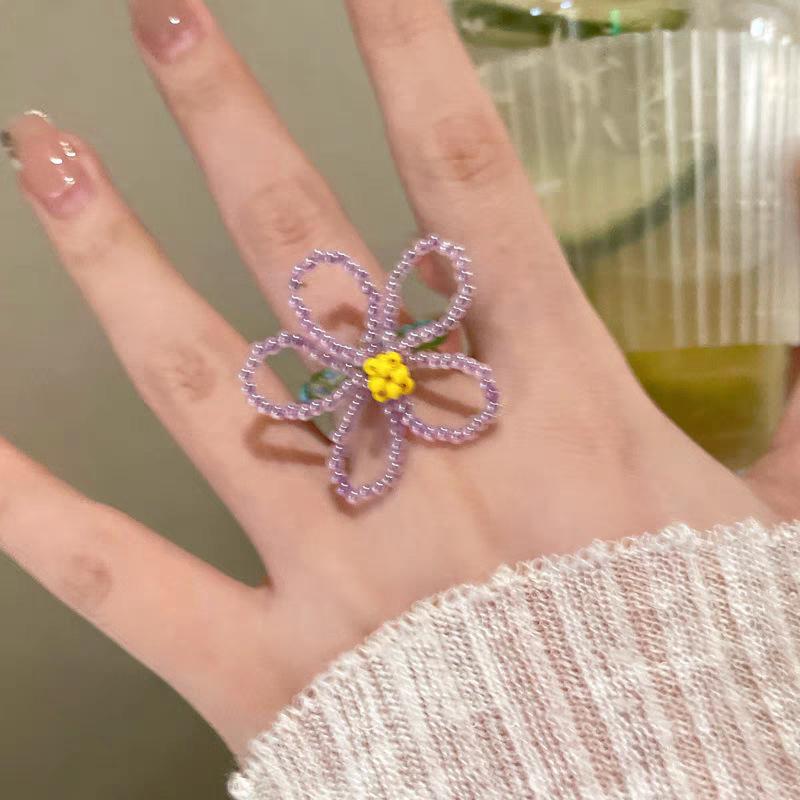 Colorful Beaded Flower Rings For Women Girls Korean  Sweet Large Flower Finger Rings Jewelry Aesthetic Y2K Accessories
