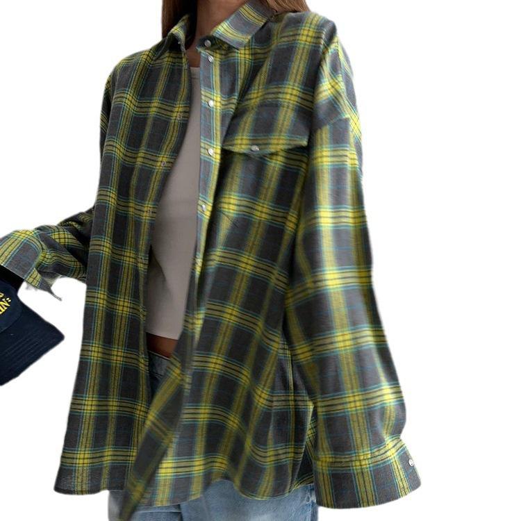 Retro Plaid Long Sleeve Loose Shirt with Turn-Down Collar for Women, 2025 Spring/Autumn