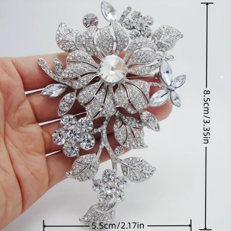 [Elegant Floral Brooch] 1pc Elegant Floral Brooch | Sparkling Rhinestone, White Golden-Plated Intricate Leaf & Flower Design - Women's Fashion Accesso